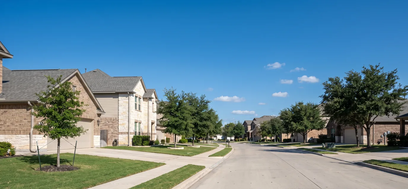 A quiet residential street of brick and limestone two-story homes with seamless gutters, live oaks, and green lawns