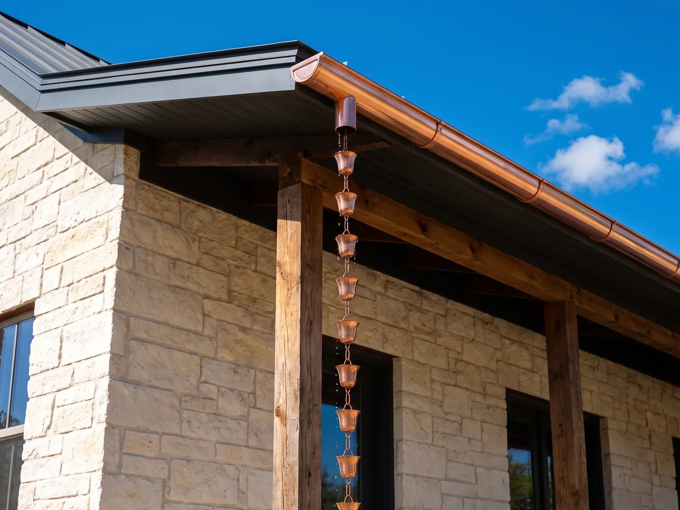 A copper half-round gutter on a limestone porch with a copper rain chain hanging from its outlet