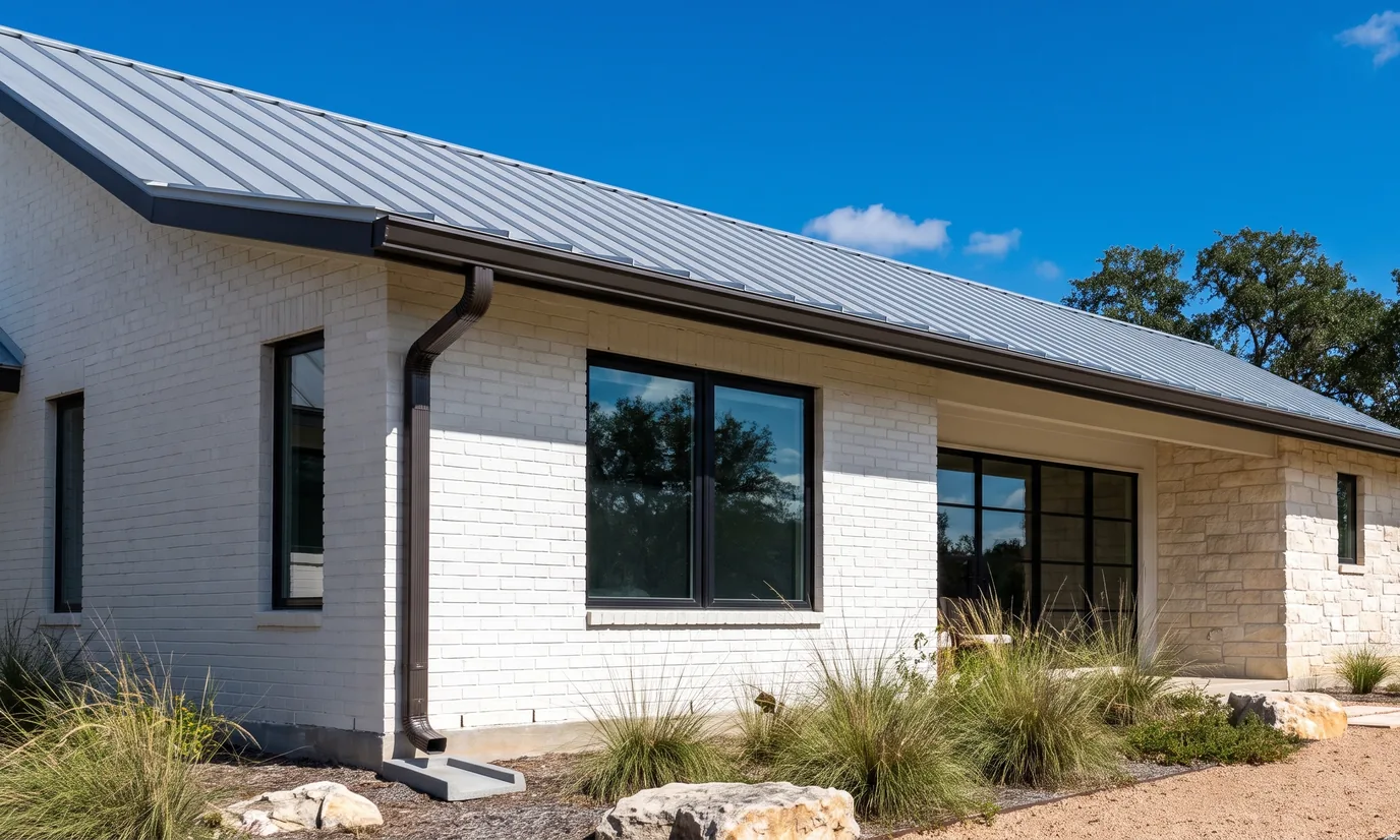 A Hill Country modern house with white brick and limestone walls, a silver metal roof, and dark bronze gutters
