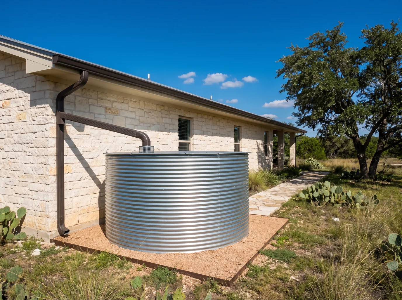 A galvanized corrugated rainwater tank on a gravel pad beside a limestone house, fed by a dark bronze downspout